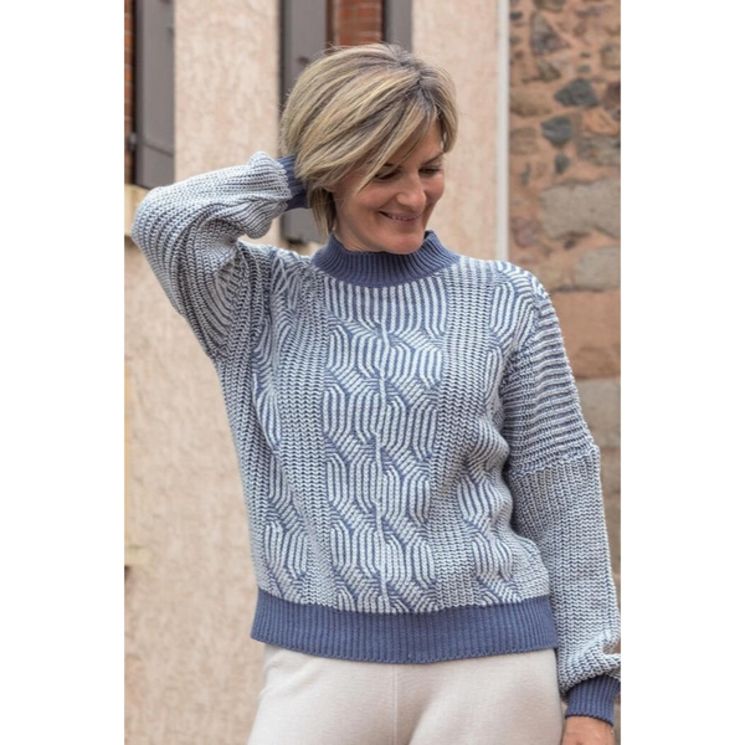 Pull Femme 3H289 aspect tricot -  Bleu et Blanc