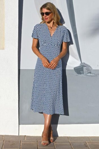 Robe mi-mollet - Motif - Marin/Blanc - 6E751