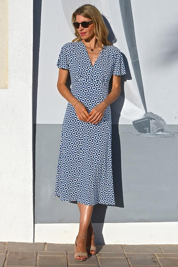 Robe mi-mollet - Motif - Marin/Blanc - 6E751